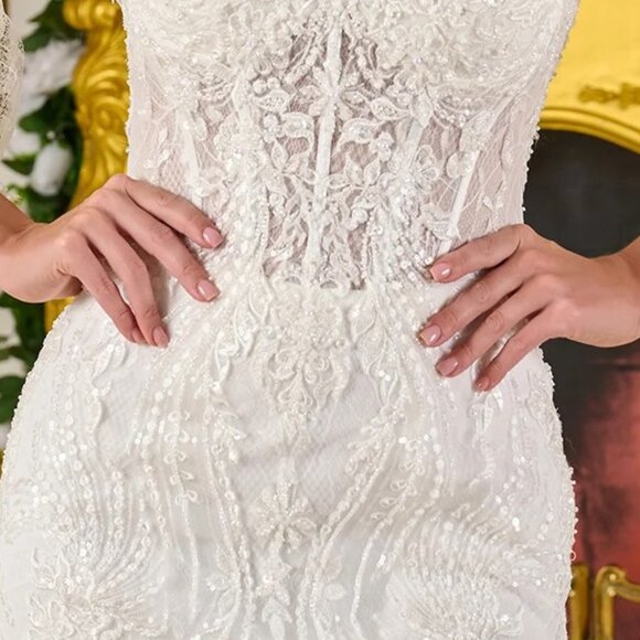 New Strapless Trumpet Wedding Gown w/ Removable Jacket & Lace Up Back GL3826 - Picture 7 of 16